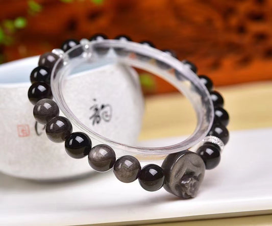 Silver Obsidian With Chinese Ancient Coin Wealth Bracelet 8mm